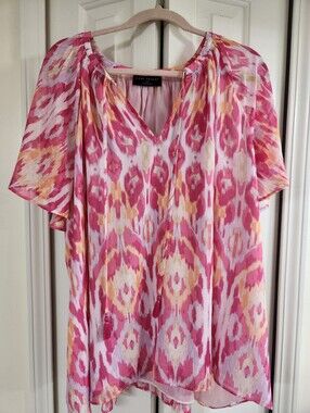 Lane Bryant Pink and Yellow Ikat V-Neck Tunic Top
